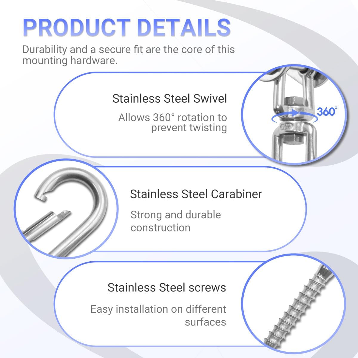 Hammock Hanging Kit with 360° Swivel Hook, Includes Mounting Hardware for Indoor & Outdoor Swing, Hanging Chair, and Gym Equipment