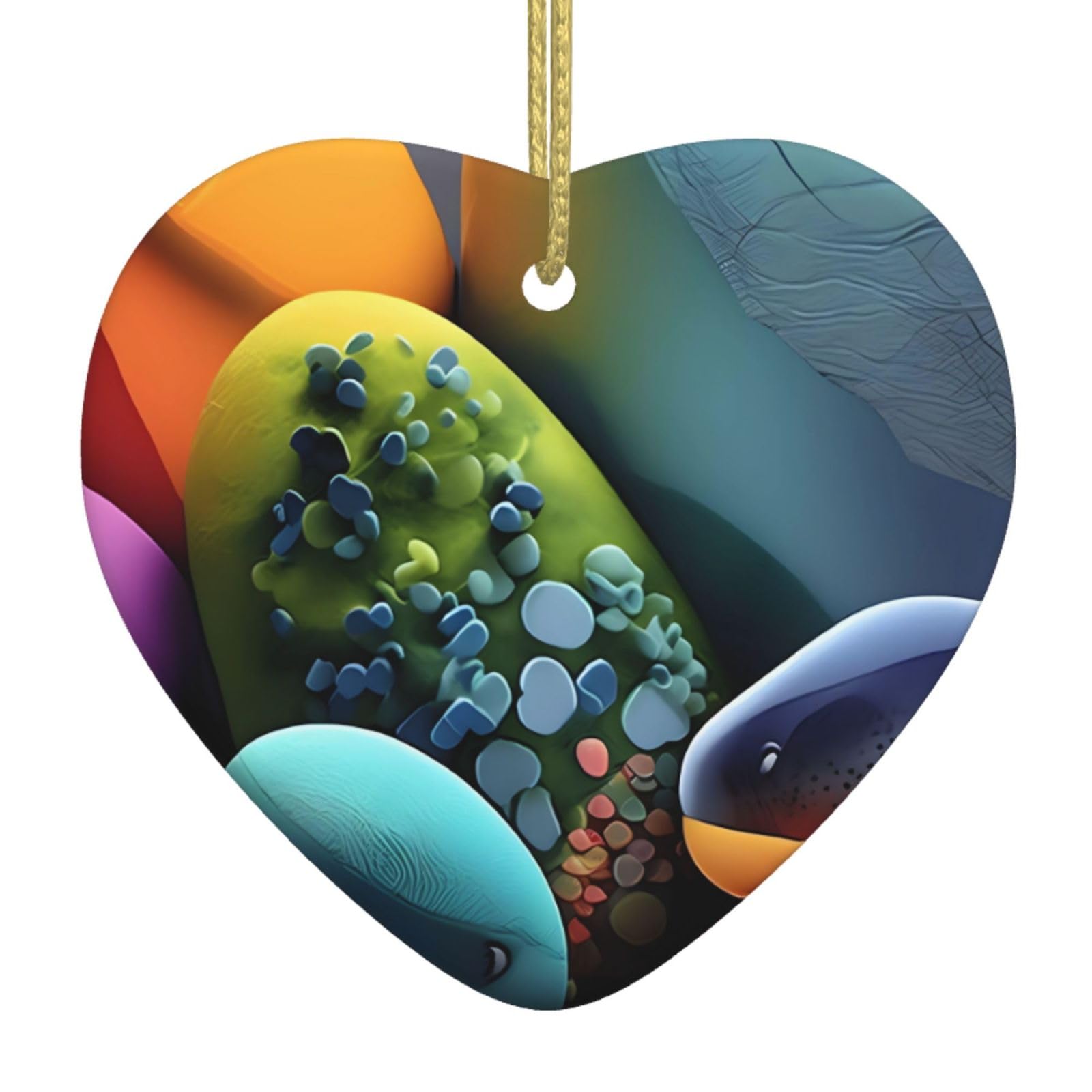 Coloured Stones Ceramic Christmas Heart Pendant with Silk Thread, Christmas Tree Home Decoration