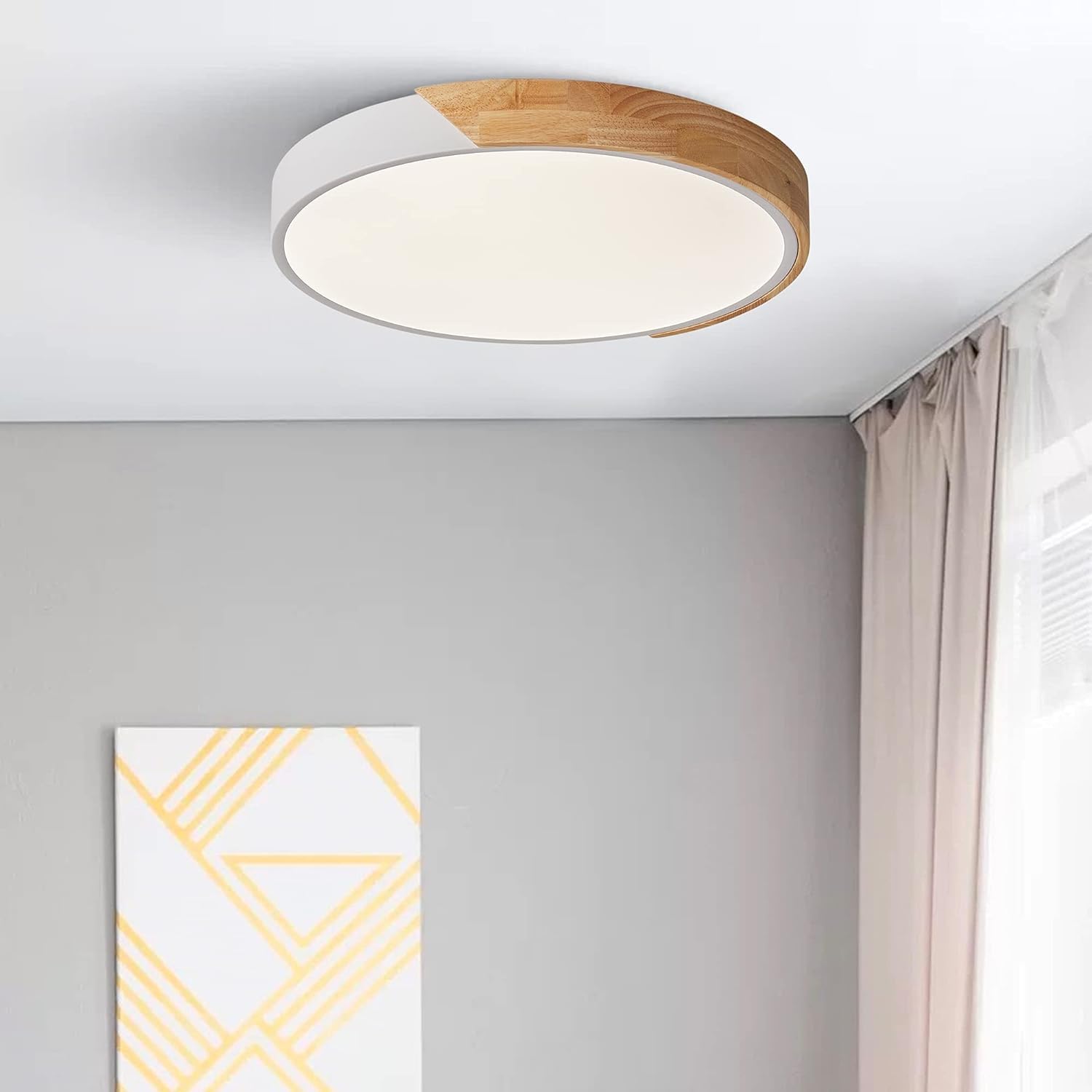 Plafonnier LED moderne rond en bois blanc 40cm pour éclairage de chambre et couloir chaleureux