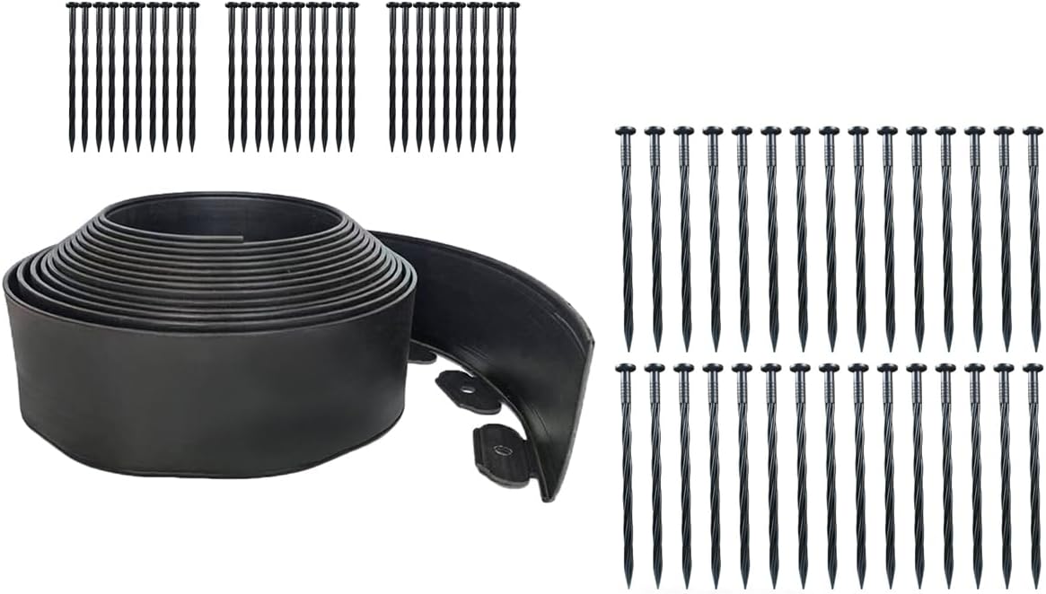 33FT Landscape Edging No Dig, 4 in Tall Garden Edging Borders with 30 Spikes + 30 Pcs 8 Inch Plastic Spikes