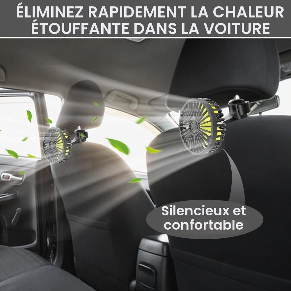 Ventilateur Voiture USB pour Siège Arrière, Refroidissement Silencieux Ventilateur pour Voitures avec 3 Modes de vent fort et Rotation à 360°, pour Voiture, SUV, RV, Camion, Van