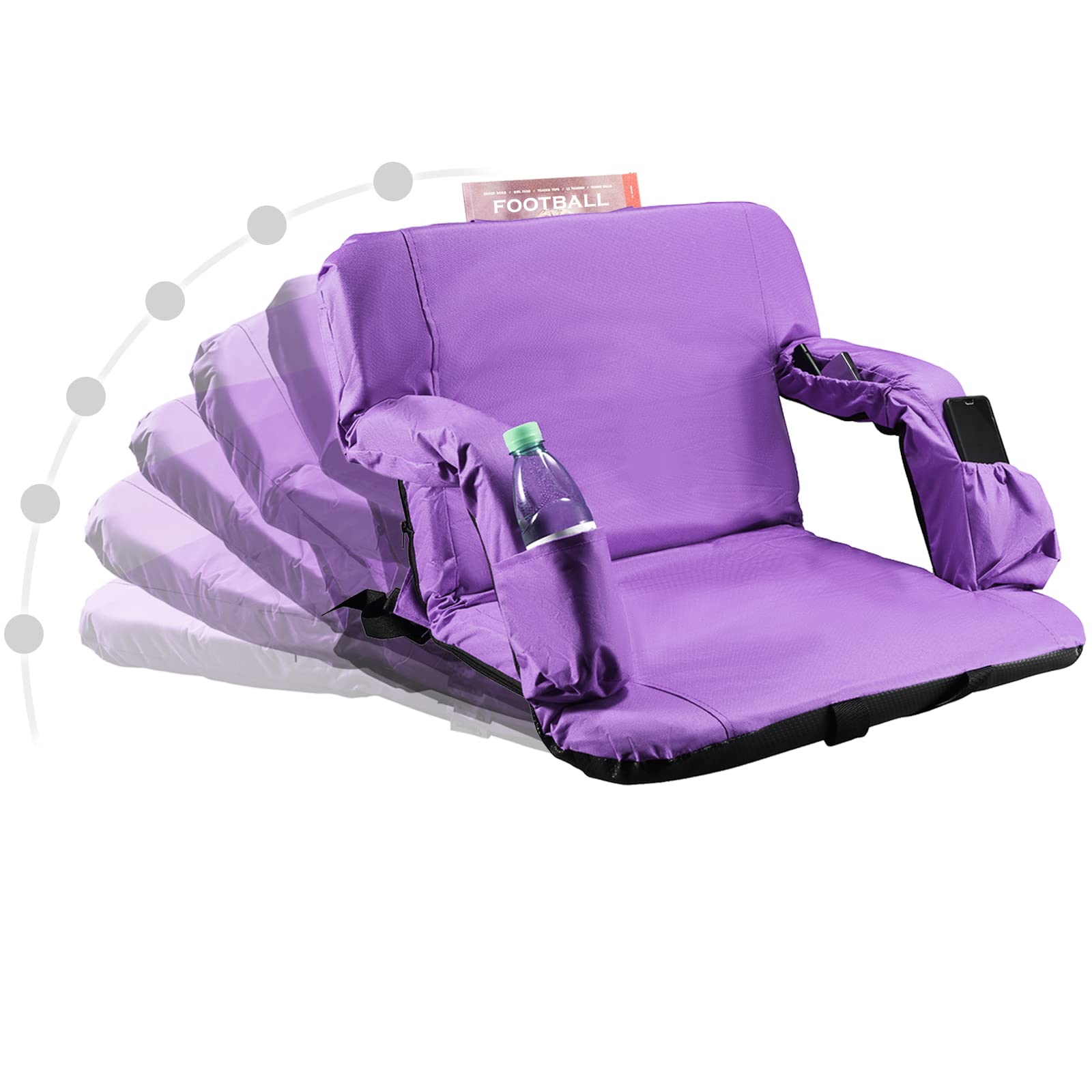 Asientos De Estadio Para Gradas Con Soporte De Espalda Y Cojín Acolchado Grueso, Silla Plegable Reclinable Portátil Extra Ancha De 24 Pulgadas Con Brazos Opcionales, 4 Bolsillos Y Correas Para El