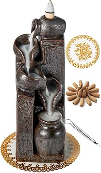 Unique Cascading Basins Ceramic Waterfall Incense Holder, Paired with a Pack of Backflow Incense Cones. Metallic