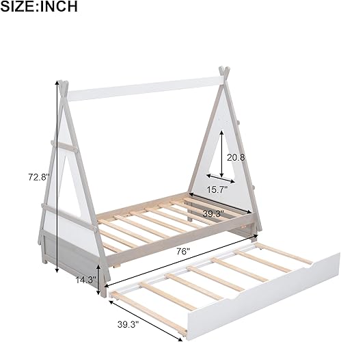 Miniatura 2 de MMTGO Cama de piso de madera de tamaño individual, con nido extraíble, marco de cama Montessori con estructura triangular, muebles de dormitorio