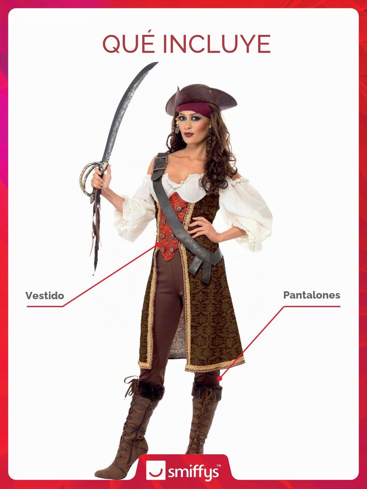 Smiffys Disfraz de pirata marrón/rojo para mujer, Carnaval/Carnaval