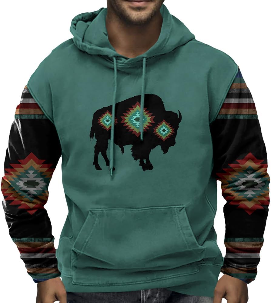 Bengbobar Western Hoodies for Men Aztec Hoodie Cowboy Hooded Sweatshirt Long Sleeve Bull Print Oversized Pullover with Pocket