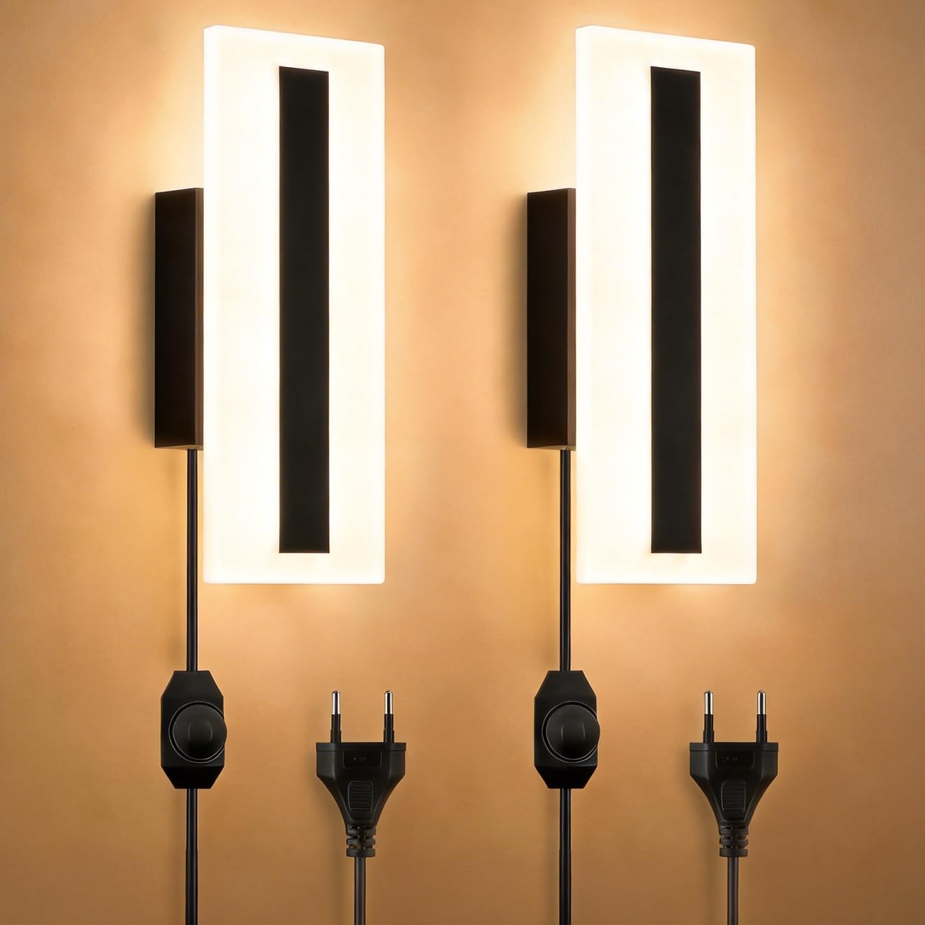 2 lámparas de pared regulables para interiores, LED, enchufe y cable, 1,8 m, 3000 K, blanco cálido, 0-100 % lámpara de noche, acrílico negro, iluminación de pared para dormitorio, salón, habitación