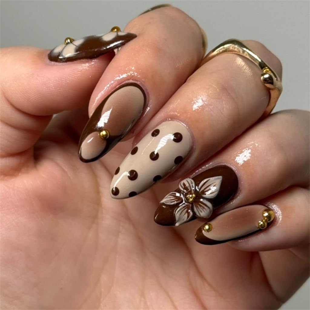 30Pcs Nails Tips Decorated with 3D Flowers and Gold Beads Polkas Dot Retro Design Safe ABS Materials for Easy