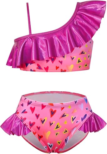 CHILDRENSTAR Girls Metallic Bathing Suits Shiny Ruffles One Shoulder 2 Pieces Swimsuits Cute Bikini Set