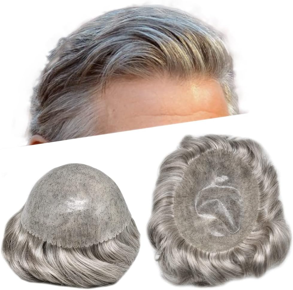 Toupee for Men's Hair Replacement System - Full Injected PU Durable Skin Wig - Soft Human Hair Piece - Grey, 5"x7" #565 Light-Med Brown+65% Gray-120% Medium Light to Medium