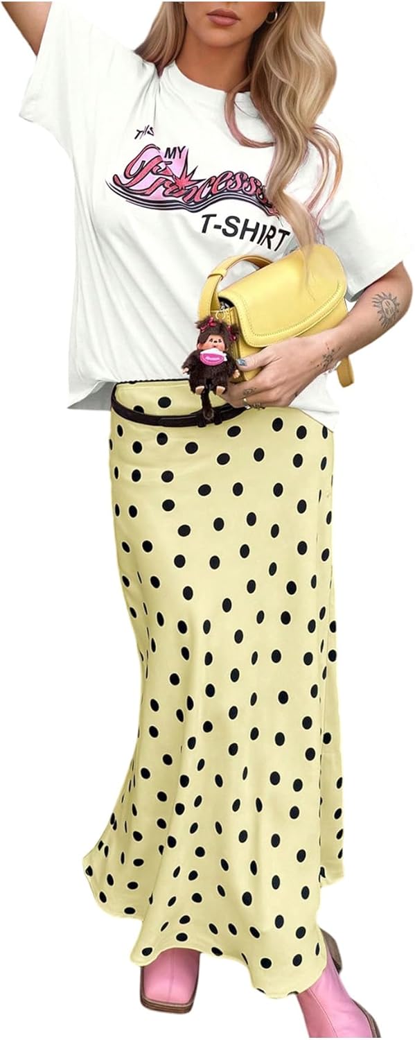 Verdusa Women's Polka Dots Fishtail Skirt Satin Maxi Skirts Brunch Outfits