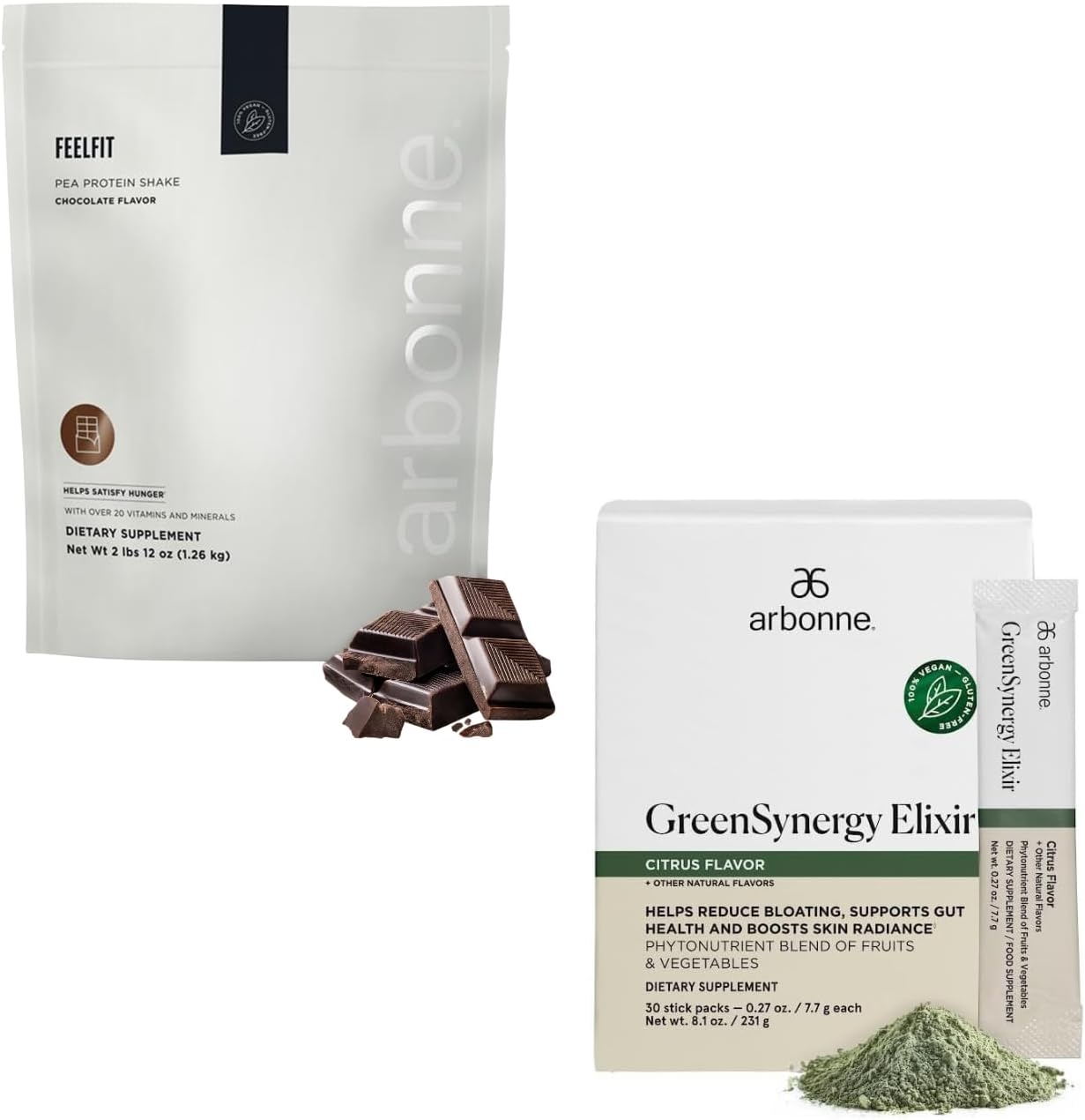 Arbonne Feelfit Pea Protein Shake - Daily Supplement Powder Chocolate + GreenSynergy Elixir – Citrus-Flavored Greens Powder with 13 Digestive Enzymes, Vegan Collagen Builder, Probiotics and Prebiotics