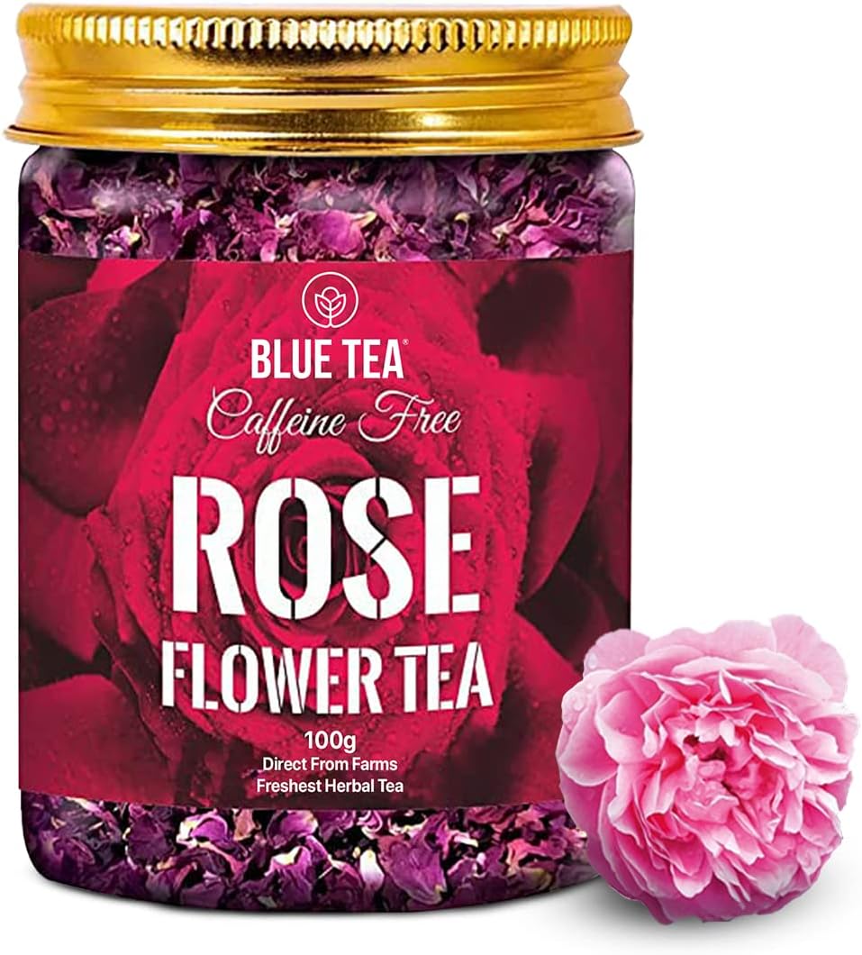 BLUE TEA - Rose Tea -100g-100 Cups | VITAMIN-C RICH | Beautiful Hair & Skin - Caffeine Free - Flower Based - Herbal Tea - Non-GMO | Featured In Shark Tank | Pet Jar Packaging