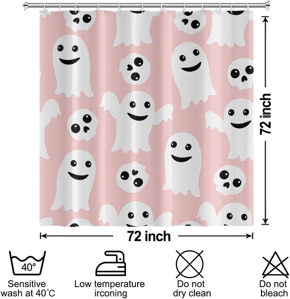 Halloween Shower Curtain, Cute White Pink Ghost Shower Curtain Set 72x72inches with Hooks Spooky Funny Ghosts Halloween Decoration Waterproof Fabric Shower Curtains for Bathroom