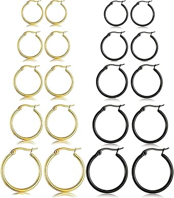5-10 Pairs Gold Black Hoop Earrings for Women, Small Stainless Steel Hypoallergenic Earrings Set Mens Girls Lightweight Nickel Free Cartilage Earing
