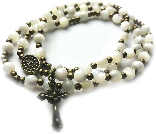 Miniatura 2 de Pulsera de rosario católico de piedra de nácar para mujer con dije de medalla de Virgen María Nuestra Señora de Gracias - Regalos católicos