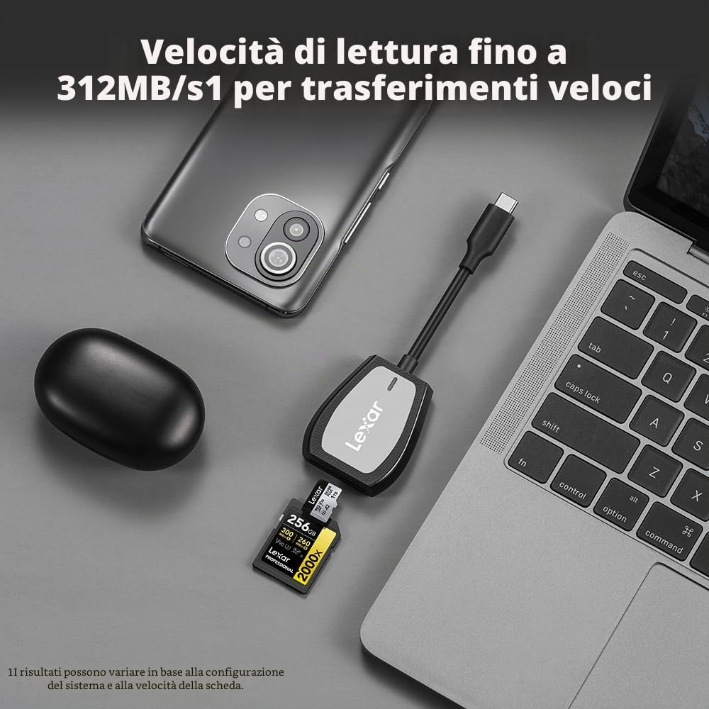 Lexar Lettore professionale USB 3.2 Type-C a doppio slot, supporta schede SD e microSD UHS-II, lettura fino a 312 MB/s (LRW470U-RNHNU)