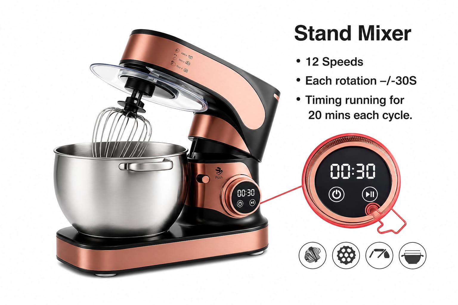 Batidora Amasadora Profesional 2500W con Bol de 10L, 12 Velocidades Digitales, Pantalla Táctil y Temporizador, Sistema de Engranajes Metálicos, Incluye Accesorios para Repostería
