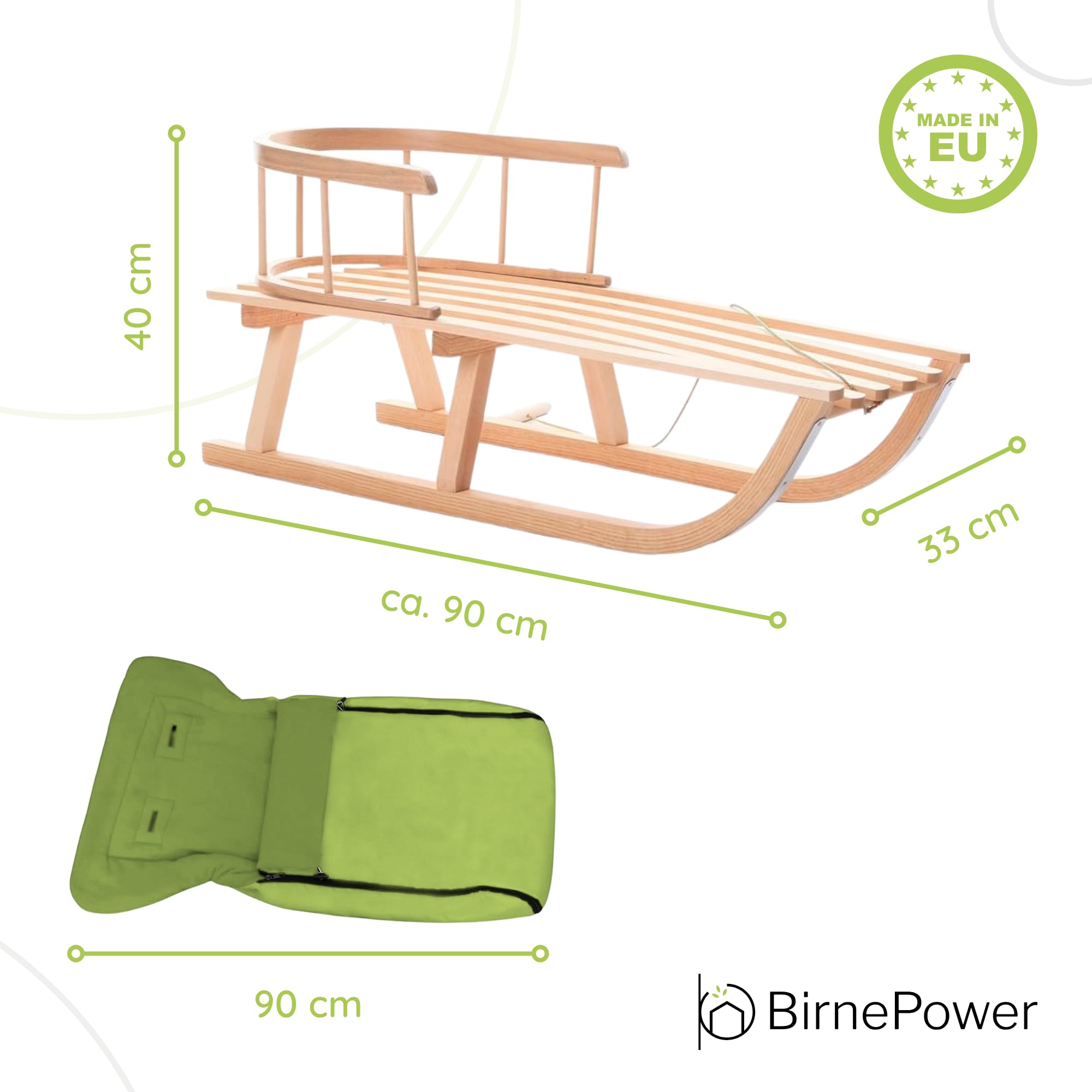 BirnePower Holzschlitten 90cm mit Rückenlehne und Winterfußsack 90cm oder 108cm Komplettset inkl. Zugseil & Gurt, Rodelschlitten aus Buchenholz