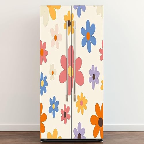 Adhesivo de vinilo autoadhesivo para refrigerador, diseño floral de los años 70, diseño de margaritas groovy, estilo retro, estilo ingenuo, puerta