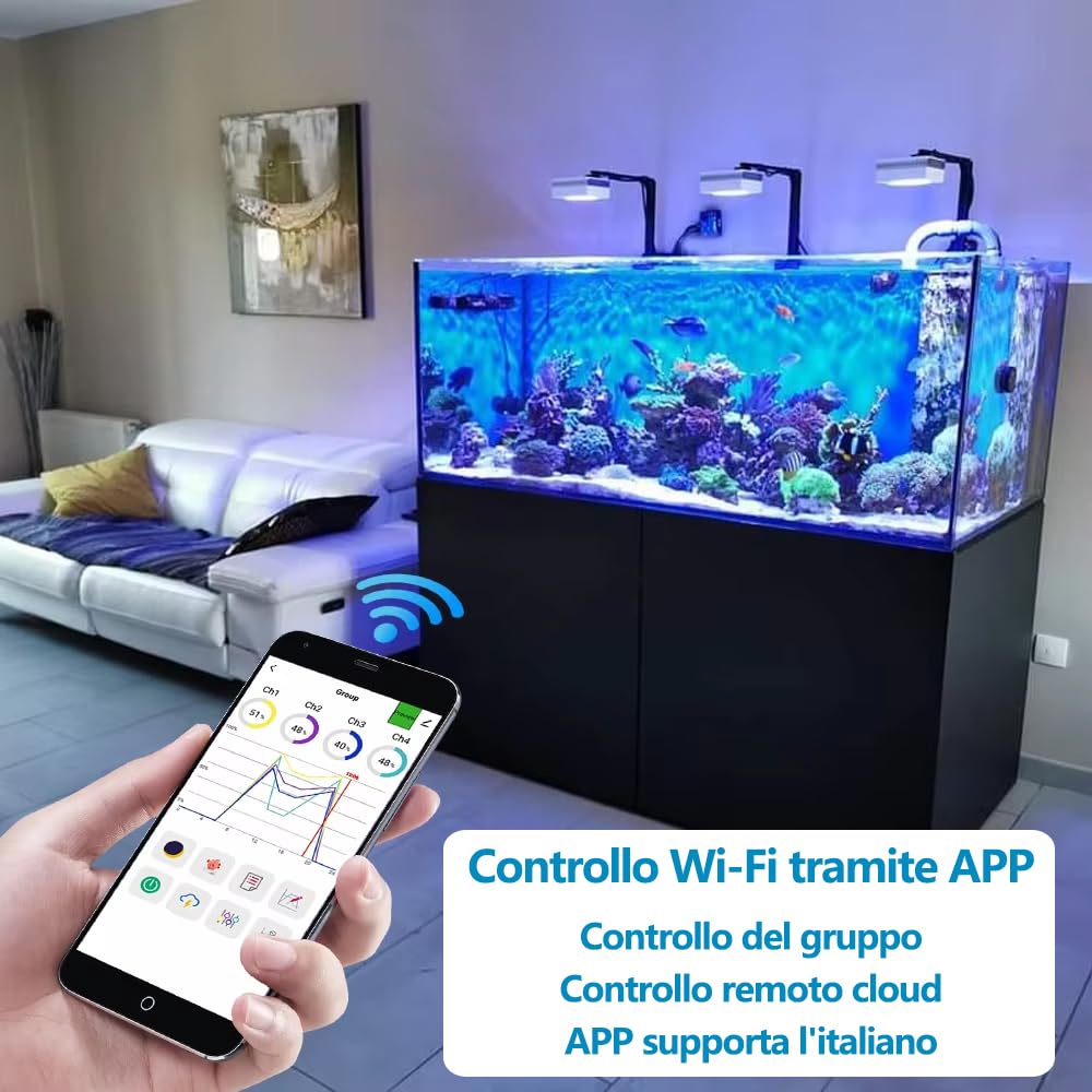 PopBloom WiFi LED Acquario Marino 100W, Lampada Acquario Marino a Spettro Completo per acquario di pesci SPS/LPS, L'APP supporta l'italiano (1 lampada con kit a braccio)
