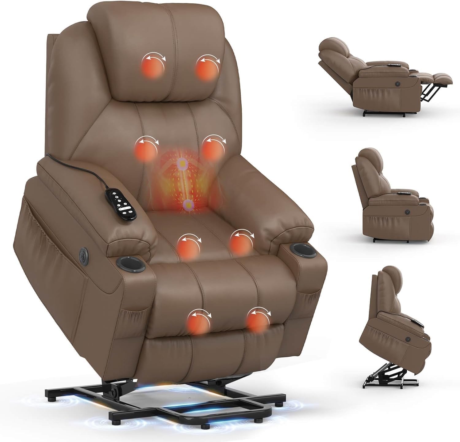 Sillón de relax para personas mayores, con masaje y calor, reposapiés extendido, tipo C + puertos USB, 2 portavasos, dos bolsillos laterales, tumbonas, sofá lounge