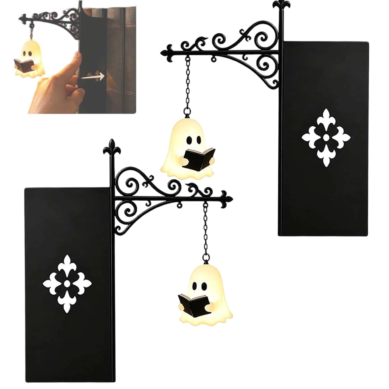 Ghost Bookshelf Lantern, Gothic Fantasy Bookshelf Decor, Library Lantern-Decorative Bookshelf Lighting, 3D Cute Ghost Lamp Reading Book Shelf LED Night Light for Home Office Bookself ，2pcs