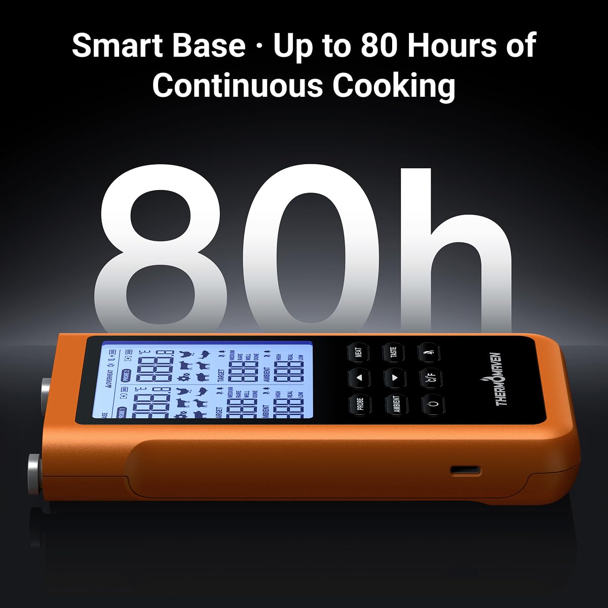 ThermoMaven 3000FT Smart Wireless Fleischthermometer, Sub-1G Langstrecke, 6 Sensoren (NIST genau), 2 dünne Sonden, Basisstation mit LCD, für Grill, BBQ, Ofen, Räucherofen (Orange)