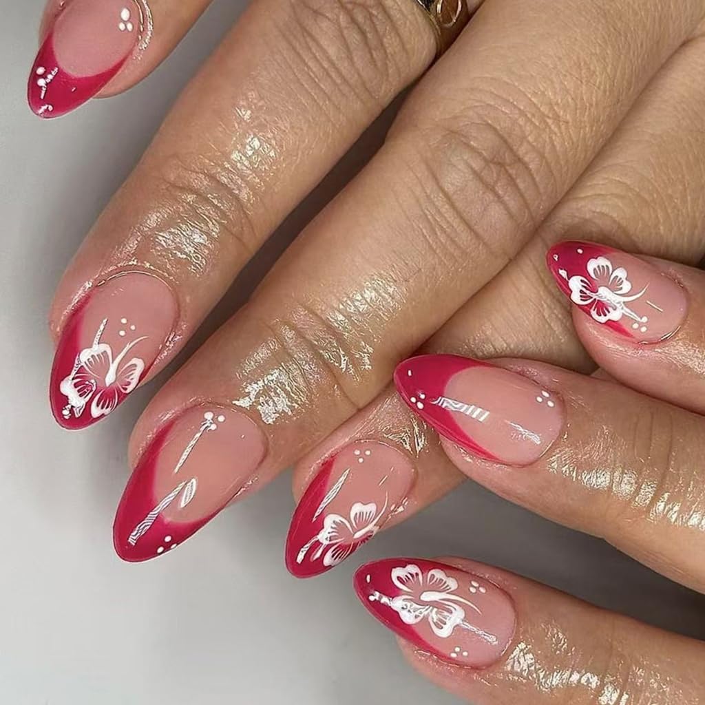 24pcs Almond with Flower False Nails Full Covers Stick on Nails Artificial Nails for Various Occasion
