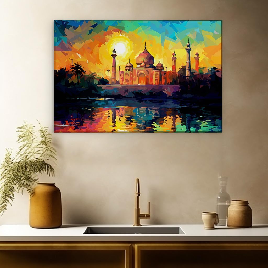Canvas for Living room. Sunset Splendor at the Taj Mahal: A Vivid Digital Masterpiece, 27 x 18 inch Canvas Wall Art - Contemporary Masterpieces - Modern Home Decor - 69x46 cm (27x18 inch)