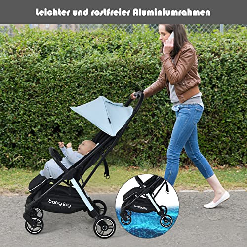 COSTWAY Ein-Knopf-Klappbarer Kinderwagen, Leichter Kinderbuggy mit Verstellbarer Rückenlehne & Fußstütze & Sonnenverdeck, Liegewagen mit Sicherheitsgurt & Bremsrädern für Baby von 0-36 Monaten (Blau)
