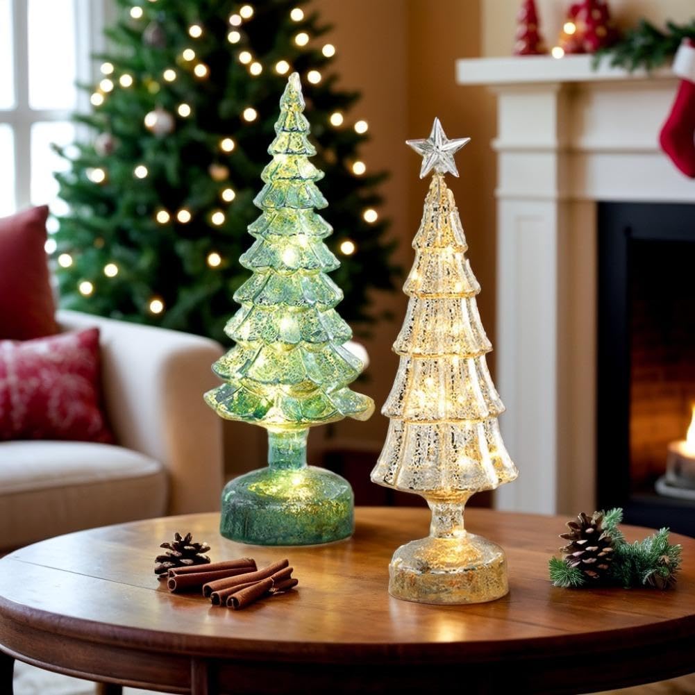 Árbol de Navidad de cristal de mercurio LED, funciona con pilas con temporizador, decoración de mesa iluminada para centro de mesa de vacaciones, 10.6 pulgadas