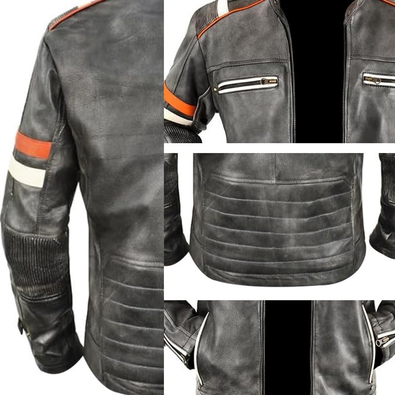 Men's Retro Biker Vintage Cafe Racer Motorcycle Distressed Black Leather Jacket - Genuine Leather Jacket Men3