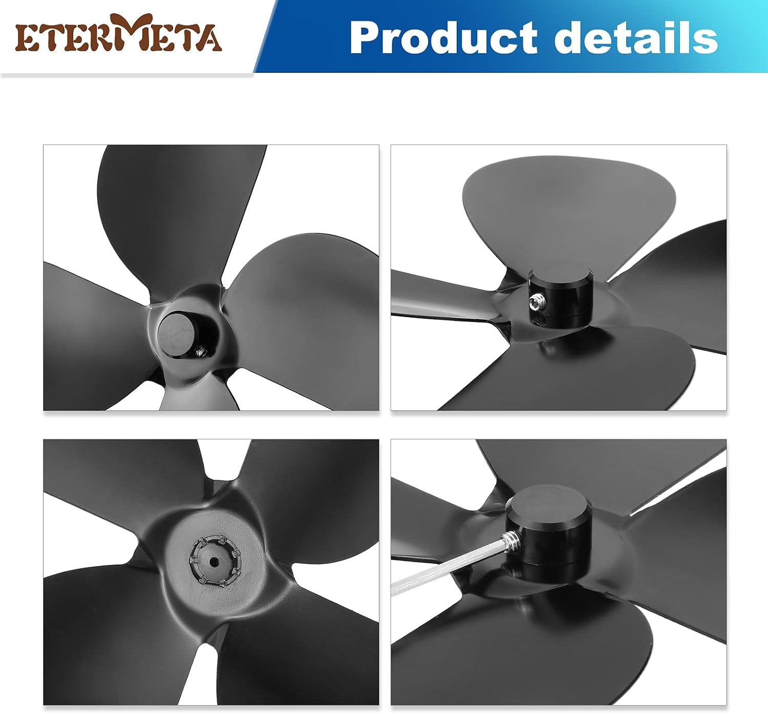 Fan Blade Replacement Part 4 Blade for Heat Powered Fireplace Fan, Wood Stove Fan Accessories, Black