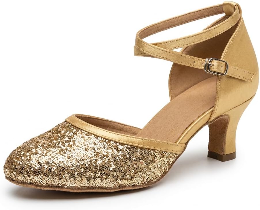 MSMAX Women's Glitter Latin Dance Shoes Sequin Closed Toe Ankle Strap — Ballroom Salsa Tango 1920s Flapper Party Shoes