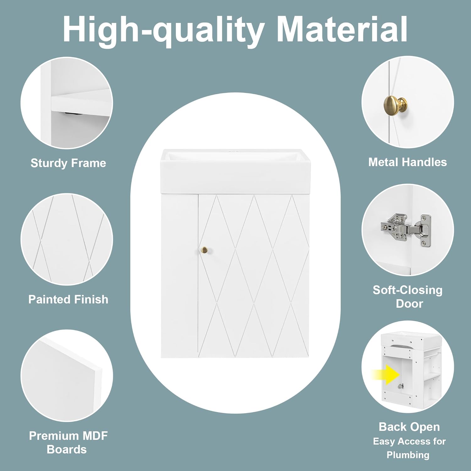 20" Floationg Wall-Mounted Bathroom Vanity with Ceramic Sink, Adjustable Shelf, Toilet Paper Holder, Modern Style, Door with Diamond Design, White