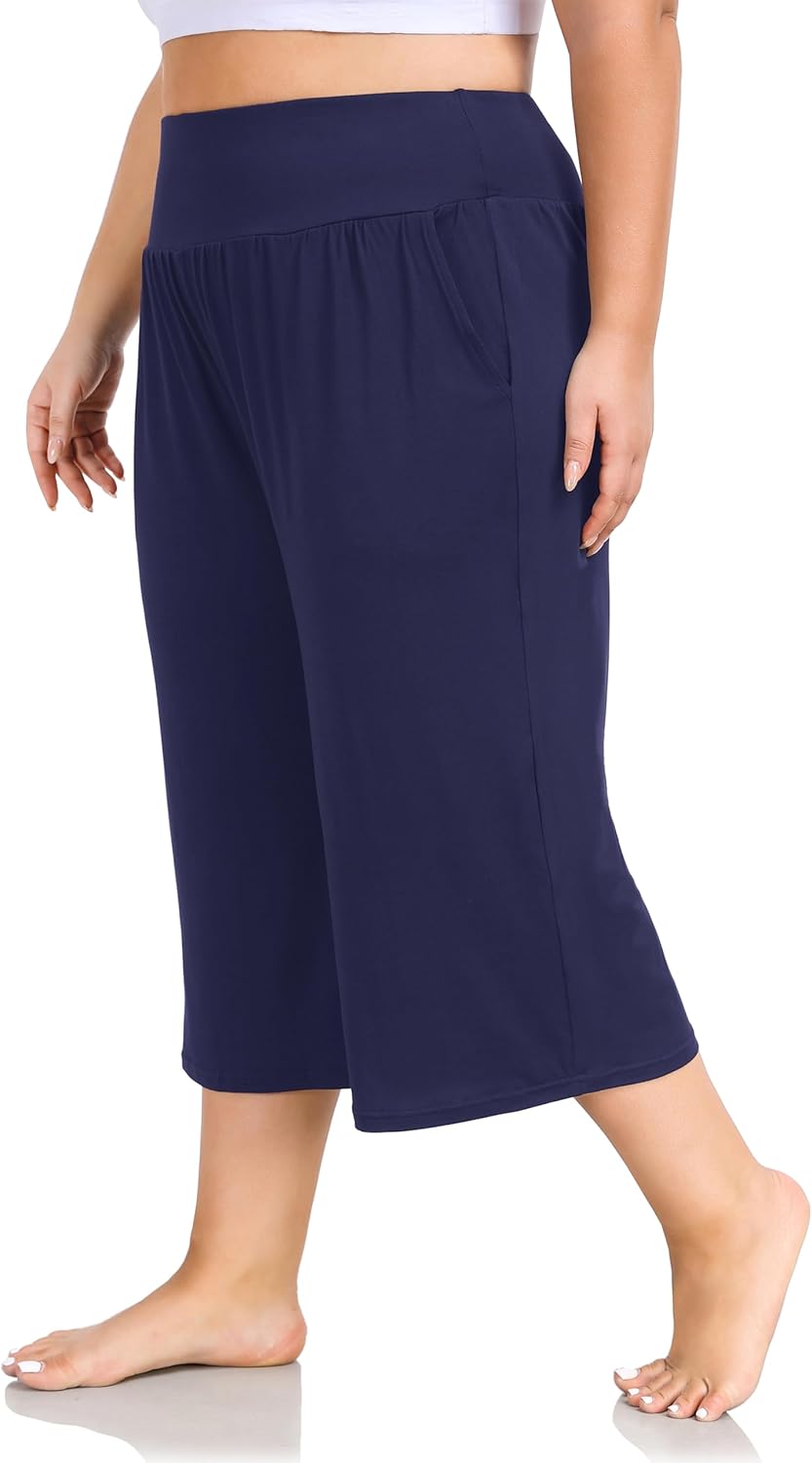 ZERDOCEAN Women's Plus Size Wide Leg Capris High Waist Yoga Pants Casual Loose Lounge Pants with Pockets - Image 2