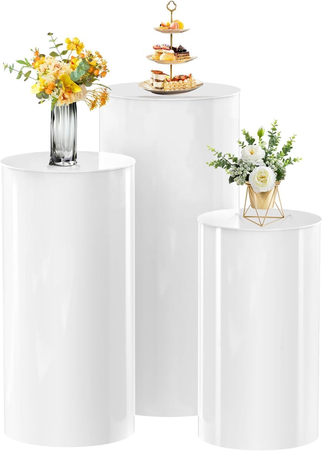 HoldOneLight Soportes de Base Cilíndrica Juego de 3, Base de Exhibición Blanca para Fiestas, Pedestal Redondo para Pastel y Flores para Decoración de Bodas y Cumpleaños