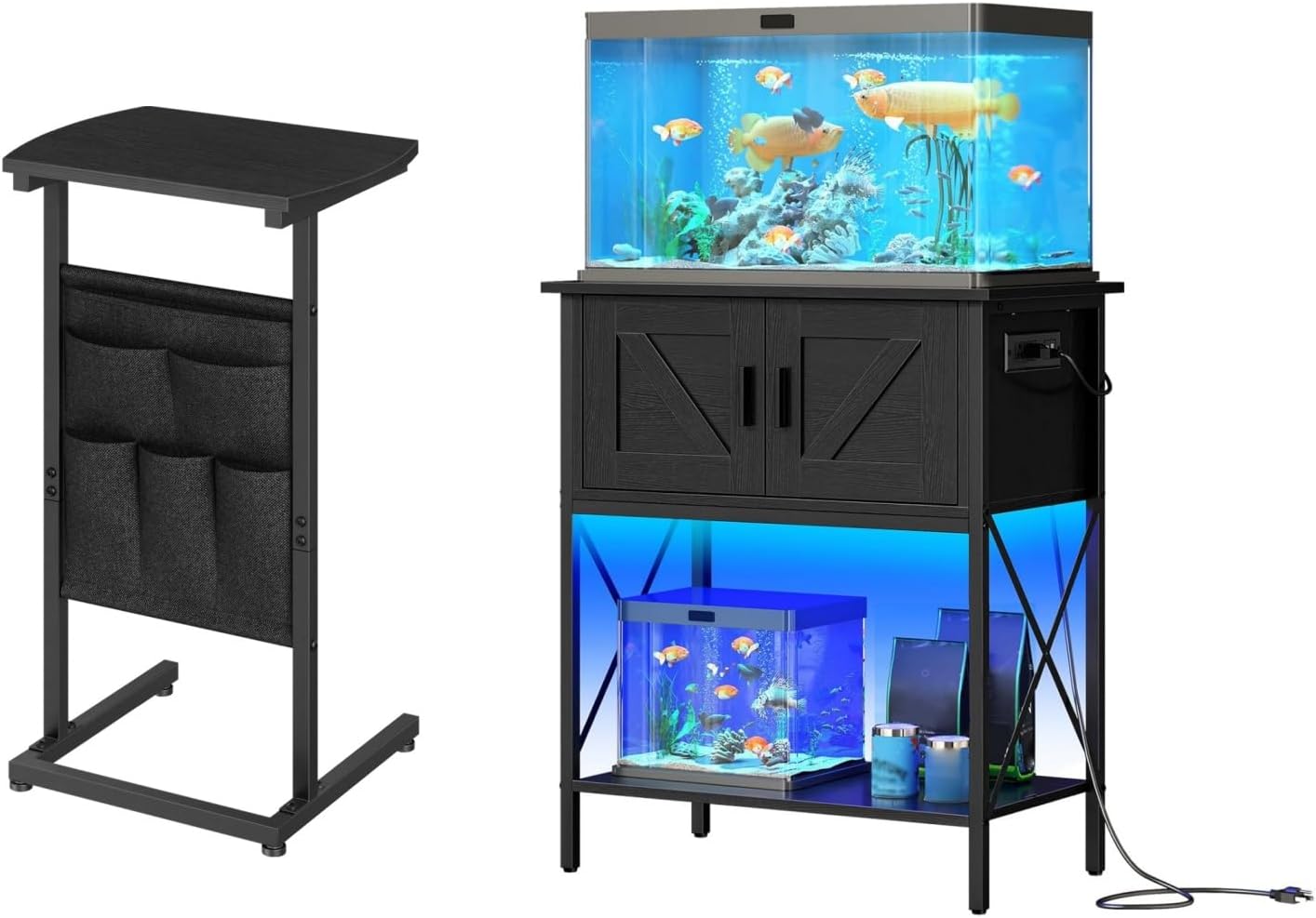 HOOBRO 20 Gallon Fish Tank Stand with Power Outlets and LED Light and C Shaped End Table, Metal Frame Aquarium Stand, 28.3" Side Table for Small Spaces, Couch Table with Bag BB40UDFT01-BB40SF01
