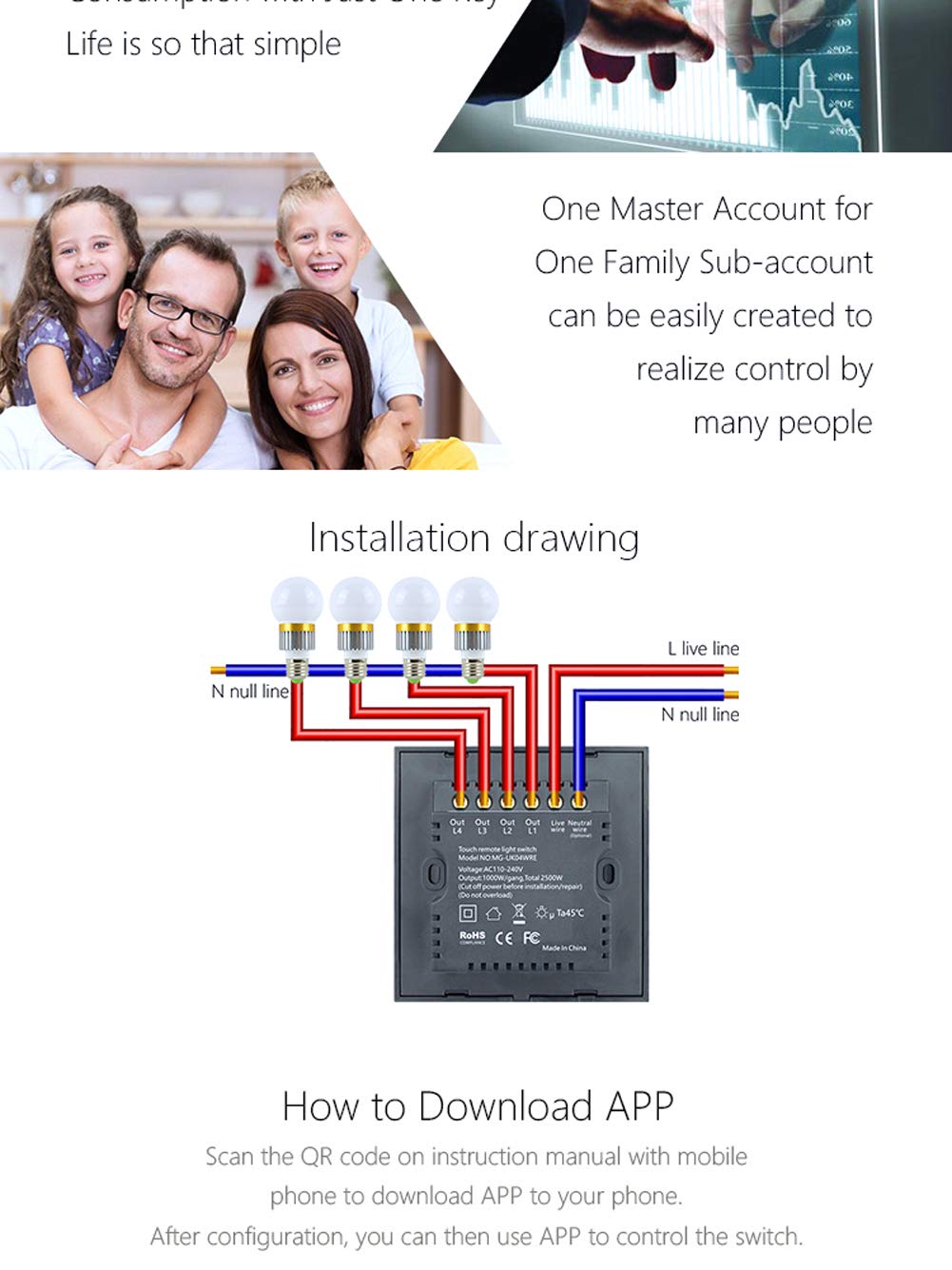 Interruptor inteligente WiFi estándar de Reino Unido, 4 interruptores, control de voz, interruptor de pared WiFi, panel de cristal de 1000 W, 220 V, blanco