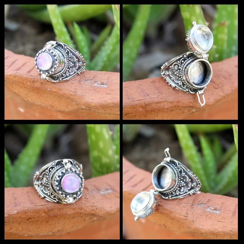 Pink Moonstone Poison Box Ring, Round Stone Ring, Self-Love Ring, Antique Poison Ring, Poisoner Ring, Pillbox Ring, June Birthstone Ring, Openable Ring, Small Box Ring, Pink Rainbow Moonstone Jewelry