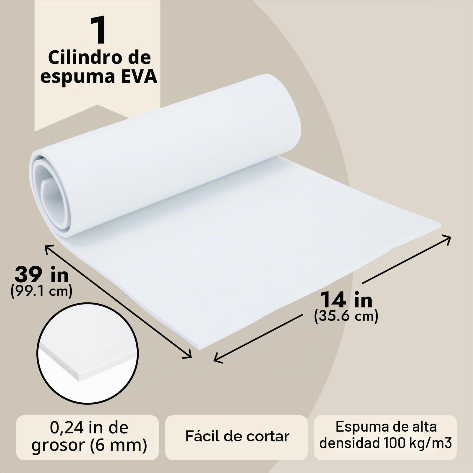 Rollo de espuma blanca EVA, para cosplay, disfraces, manualidades y projectos de bricolaje, 6mm, 35 cm x 99 cm