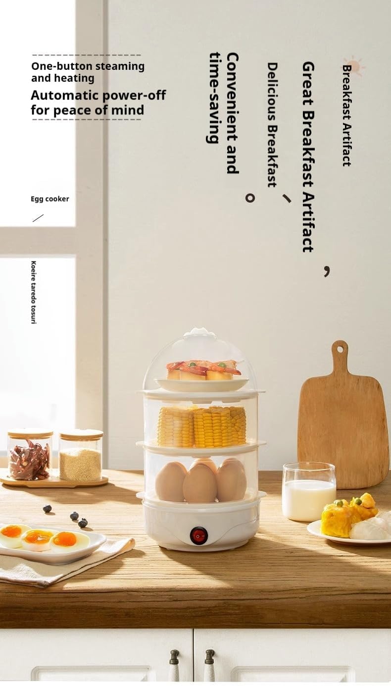 KOMBABE 3-Tier Electric Egg Cooker with Automatic Shut-Off – Compact Steamer for Hard/Soft Boiled Eggs, Chicken & Breakfast Foods, Includes Spoon (White)