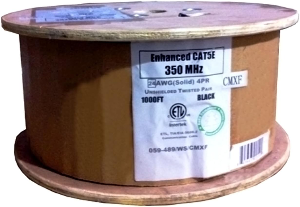 Vertical Cable Cat5e, 350 Mhz, UTP, Gel Filled (Flooded Core), Direct Burial, 1000ft, Black, Bulk Ethernet Cable, Wooden Spool