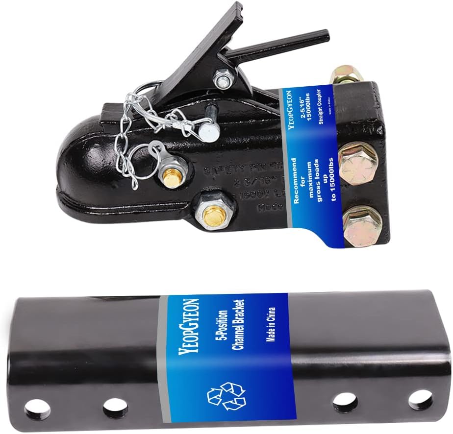 Adjustable Trailer Coupler and 5-Position Channel Bracket Kit, 2-5/16" Hitch Ball 15,000 lbs Capacity, Heavy Duty Steel Towing Equipment for Utility Trailers, Boats and RVs, Black Powder Coated