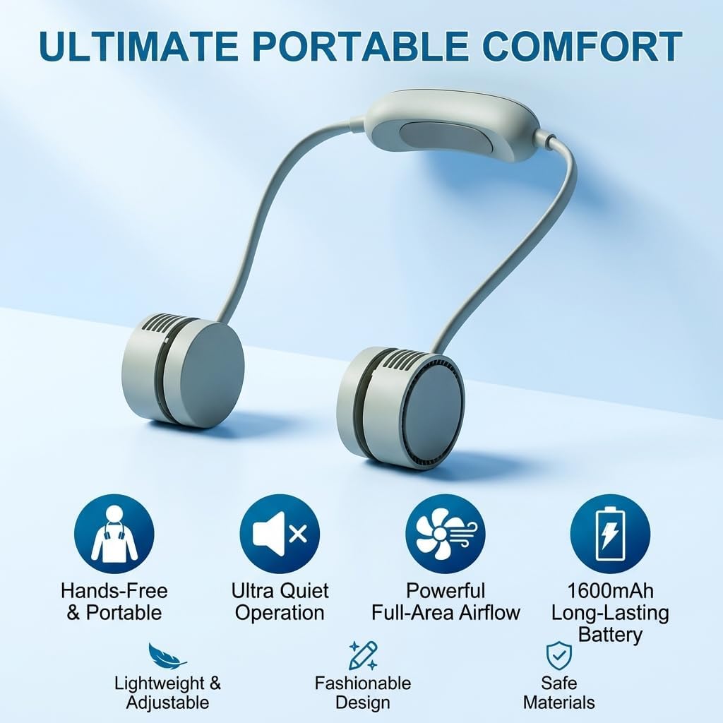 Neck Fan, Portable Bladeless Fans, 3 Speeds, Upgraded Cooling System, USB Rechargeable Wearable Personal Fan w/2000mAh Battery, Super Quiet, Ideal for Travel/Camping, Green