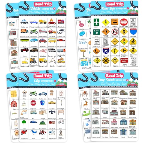 MLOLM Car Bingo and Road Trip Scavenger Hunt Game -12 Themes Car Bingo & Scavenger Hunt with 2 Markers, Fun Travel Activity for Road Trip Essentials