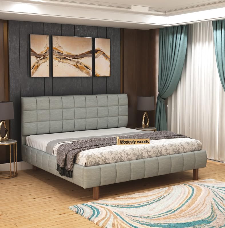 Image of MODESTY WOODS Queen Size Upholstered Bed Without Storage | Solid Sheesham Wood Wooden Cot with Cushioned Fabric Headboard | Modern Double Bed for Bedroom | Grey