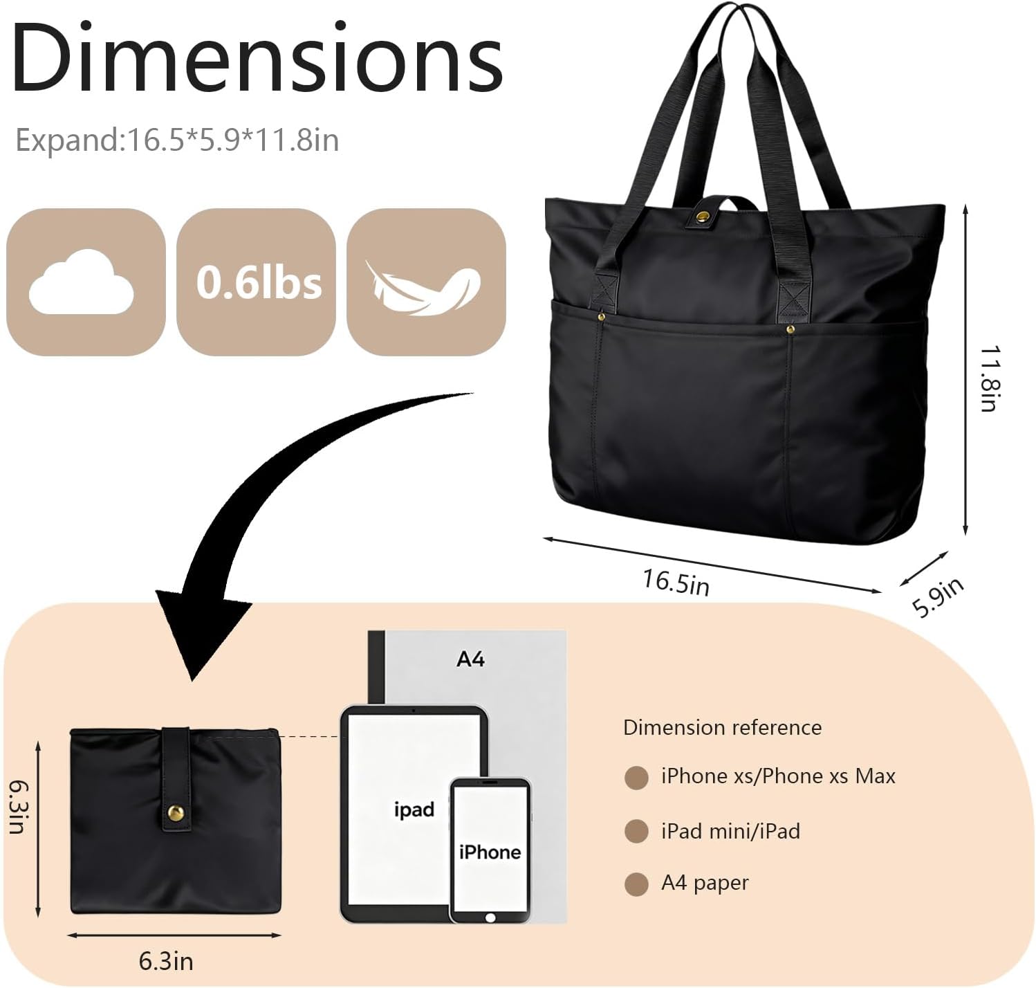 Dimore 2 Pack Foldable Tote Bags for Women, Black Large Capacity Travel Shoulder Bag Set Lightweight Waterproof Work Gym Shopping Handbags with Pockets - Image 2