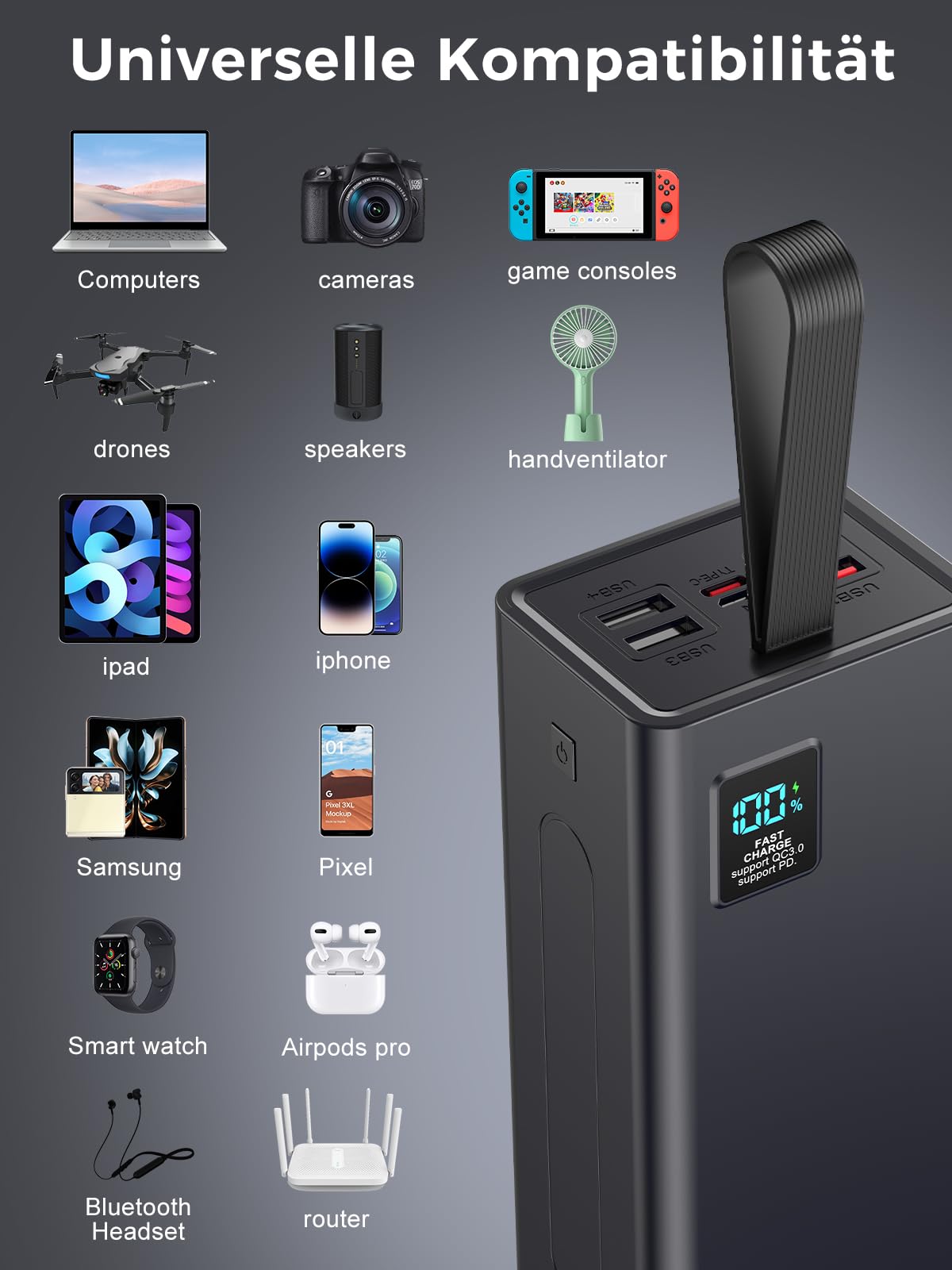 Batería externa de 70.000 mAh, batería externa para teléfono móvil PD 30 W, batería de carga rápida, USB C 5 salidas y 2 entradas con pantalla LED, cargador portátil para iPhone, camping